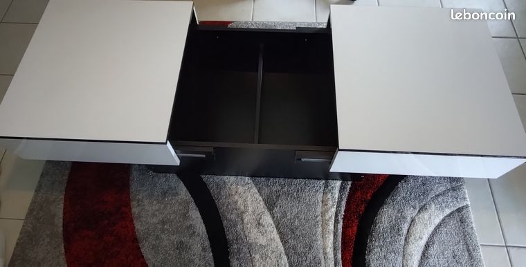 Table Basse Amelie BERLIOZ CREATIONS - Blanc Brillant/Noir 94x60cm - Rangement Coulissant Fabriqué En France