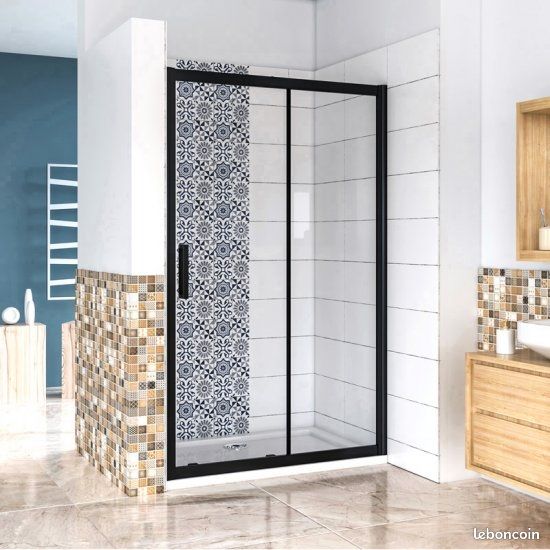 Paroi douche coulissante noire 160x195cm avec verre trempé anticalcaire de 8mm (image 1)