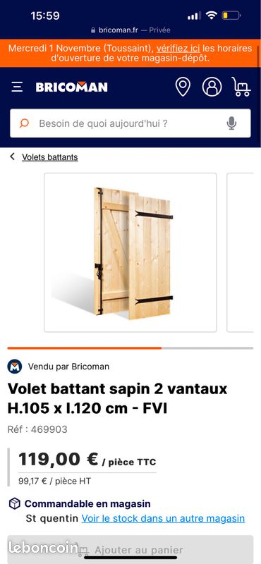 Volet battant sapin 2 vantaux H.105 x l.120 cm (image 1)