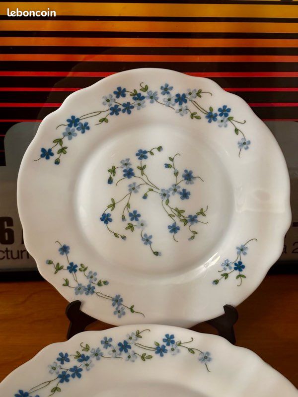 Lot De 6 Assiettes à Dessert Vintage Arcopal Années 70-80 – Décor Myosotis Véronica Bleu
