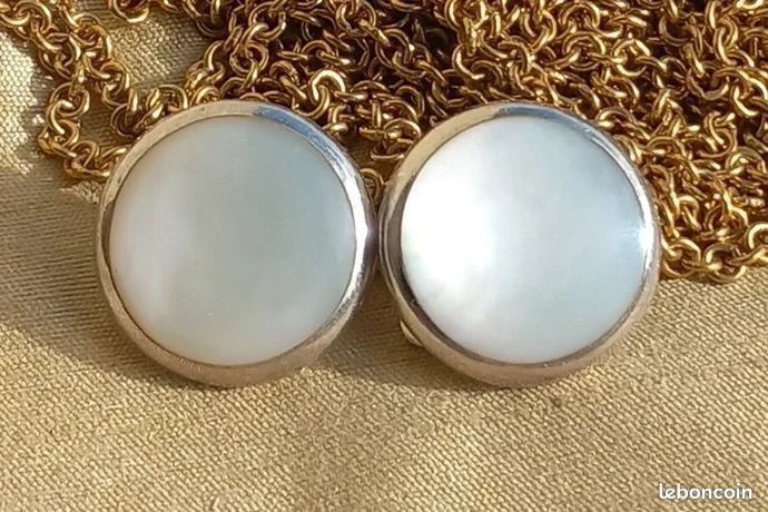Boucles D'oreilles Clips Vintage - Argent Gravé Avec Nacré - Occasion - Modèle 3664