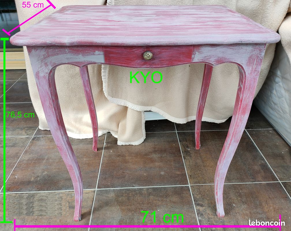 Table décorative rectangulaire bois rose, bureau tiroir central, Plateau chantourné et pieds galbés, vintage rustique ancien - Très bon état (image 1)