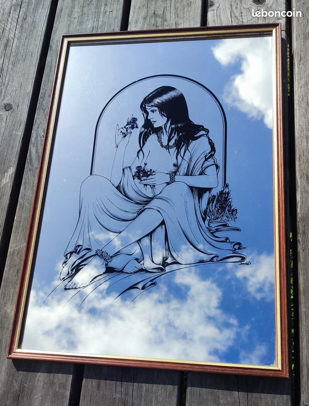 Miroir Vintage Sérigraphié Années 70 - Davies - Femme Nue Et Oiseau Bleu - Déco Rétro