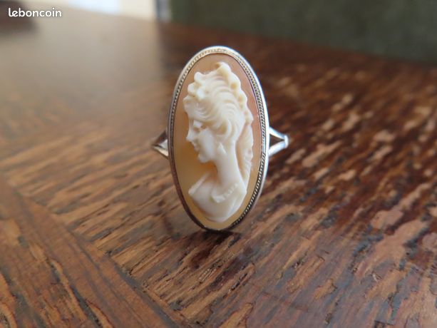 Bague Ancienne Camée En Coquillage Sur Argent Massif – Taille 54,5, Style Vintage