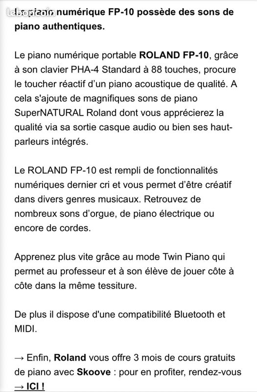 Piano Numerique Portable Roland FP-10 (image 2)