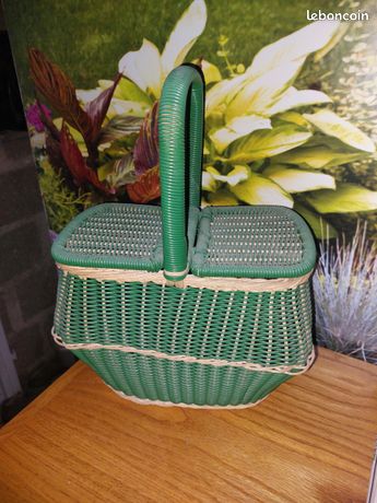 Panier En Osier Tressé Vintage Années 1960 - Rotin Et Fils Scoubidou - Décoratif