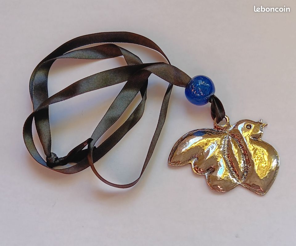 Pendentif Oiseau Cacharel Argenté Mat - Bijou Vintage Occasion - Métal