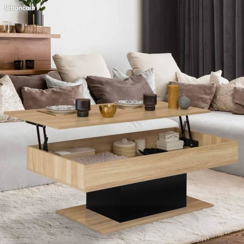 Table Basse Plateau Noir et Bois Relevable + Rangement Salon Salle à Manger (image 5)