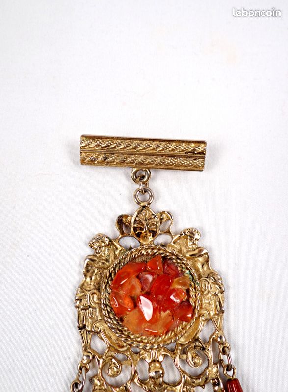 Broche Vintage Nœud Cristal Pampille Fleur Corail Rose - Bijou Fantaisie Occasion Impeccable