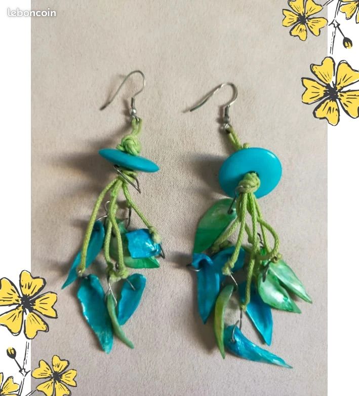 Boucles D'Oreilles Pendantes Vert Turquoise - Métal Argenté Avec Crochet - NEUF Sans Emballage