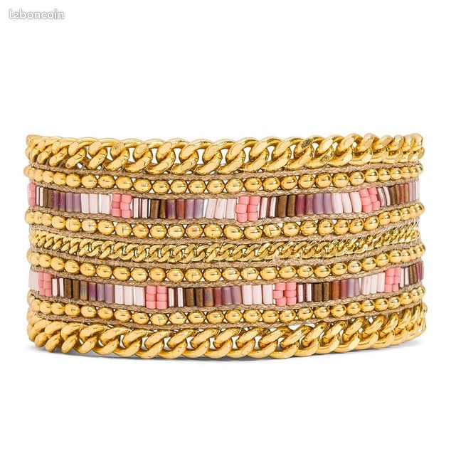 Bracelet Manchette HIPANEMA – Tissu Bleu/Orange – Longueur 15,5 Cm – Fermoir Magnétique