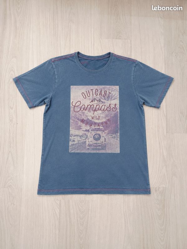 T-Shirt Homme Bleu Effet Délavé Imprimé Voyage - Taille M (image 1)