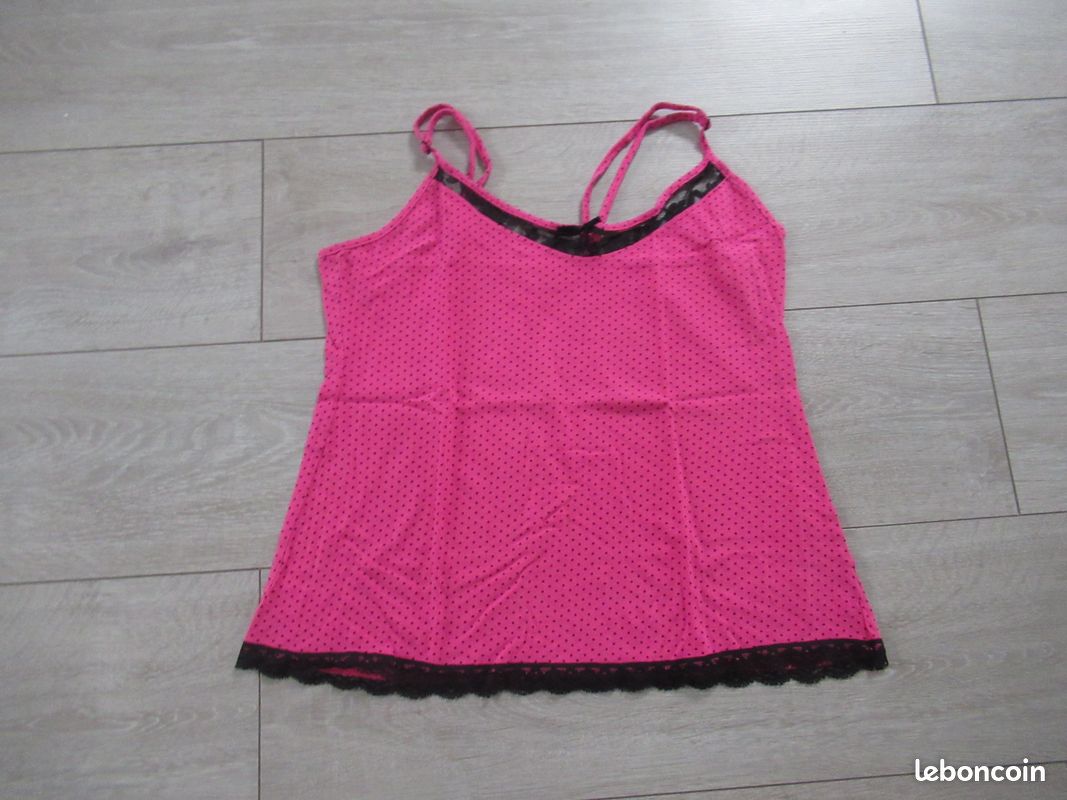 Débardeur de nuit rose fuchsia + dentelle noir Taille 3 (image 1)