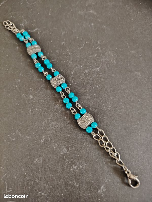 Bracelet enfant - Turquoise sur vieil argent. Circonférence 13 cm (image 1)