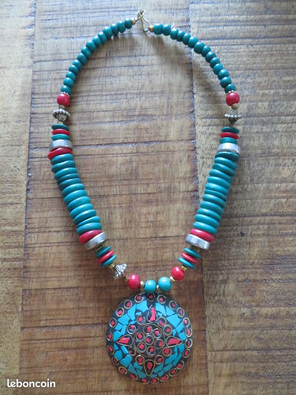 Collier Turquoise Et Corail - Pièce Unique Occasion - Style Bohème