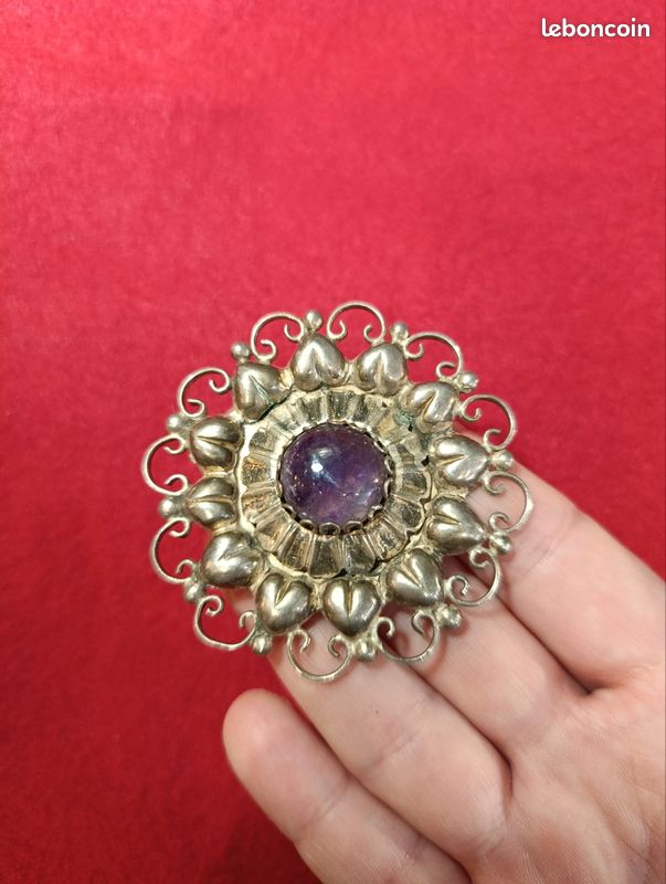 Broche Argent Avec Améthyste - Bijou Vintage élégant - Pierre Violette - Parfaite Pour Accessoiriser