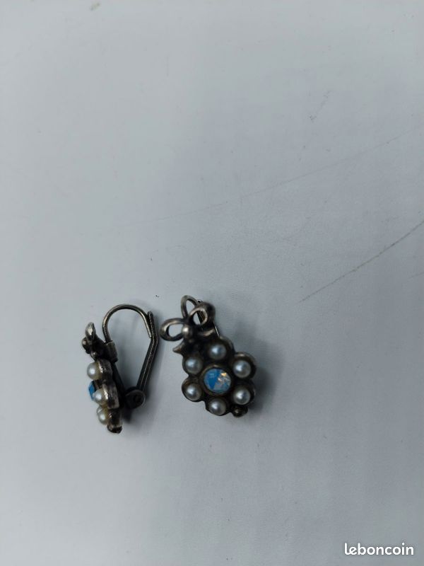 #XV10-Boucles d’oreilles vintage perles nacrées strass opaline métal argenté (image 3)