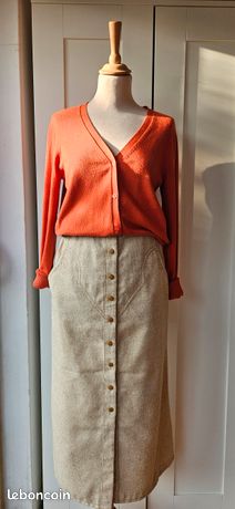 Jupe Longue Etam En Lin Beige Crème – Taille 44/XXL – Style Bohème Vintage – France