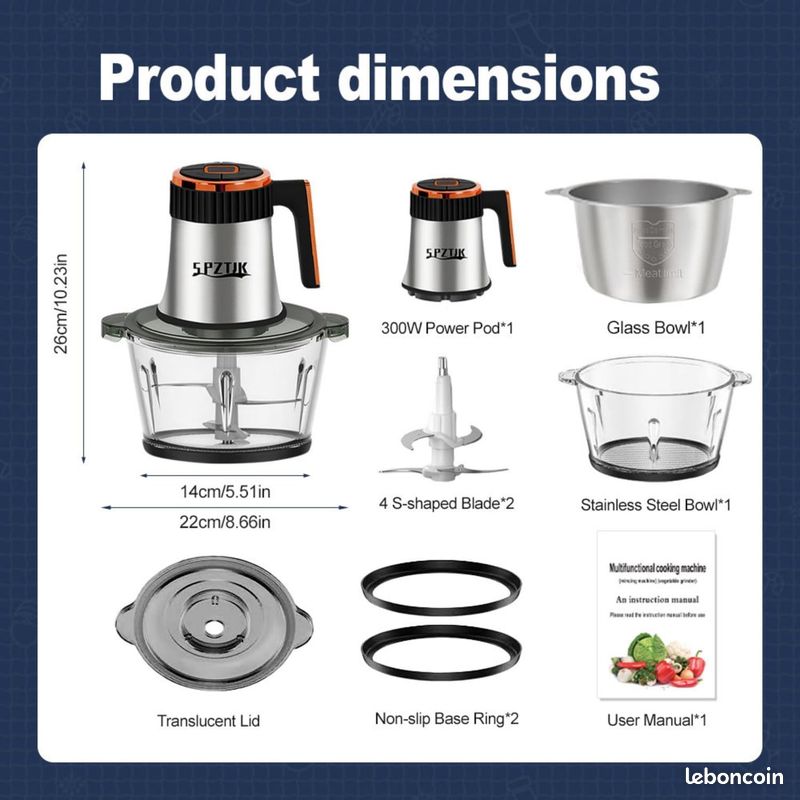 COOCHEER Hachoir à viande électrique 5 en 1 2000W, Multifonction Hachoir Électrique avec 3 Plaques de Broyage en Acier Inoxydable, Accessoires Kubbe Saucisses Biscuits pour Viande Légumes