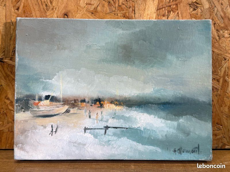 Peinture à l'huile colorée sur toile Motif bateau et port de mer 30 x 20 cm