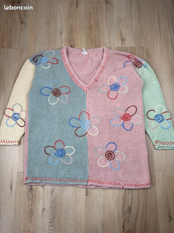 Pull vintage Etam Y2k S/M multicolore pastel brodé fleurs col V maille [0217] (image 1)