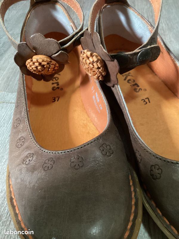 Ballerines Kickers Vintage En Cuir Et Textile Beige Brodé - Taille 39 - Occasion