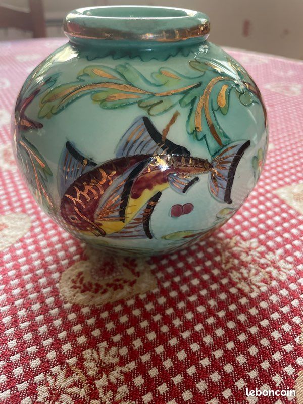 Figurine Poisson En Céramique Bleue - Poterie Peinte à La Main - Vintage