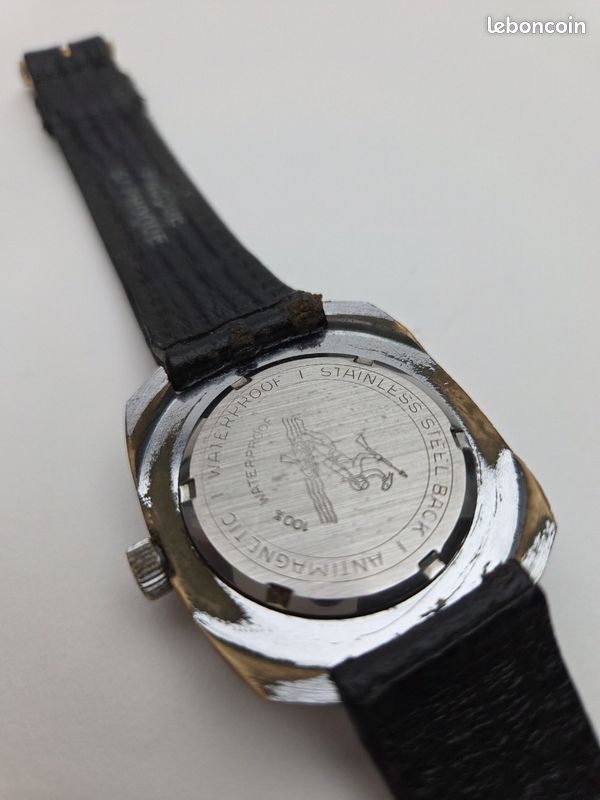 Montre Vintage ALIHOR Acier Mécanique Manuelle Des Années 60 - Cadran Bleu/noir, Bracelet Cuir, état Très Bon