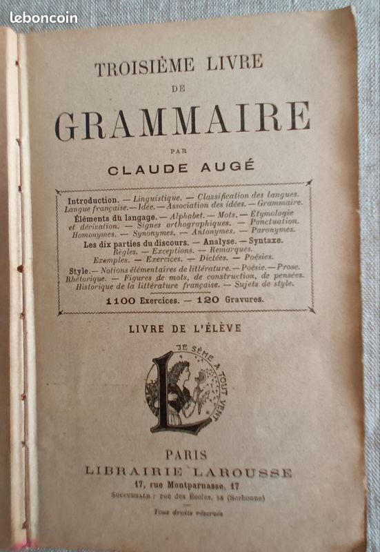 Livre de grammaire ancien 1910 (image 2)