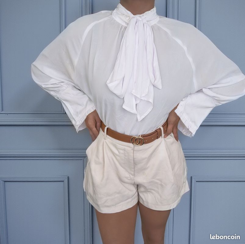 Blouse Chemise blanche chic Shein – Noeud au col, coupe fluide