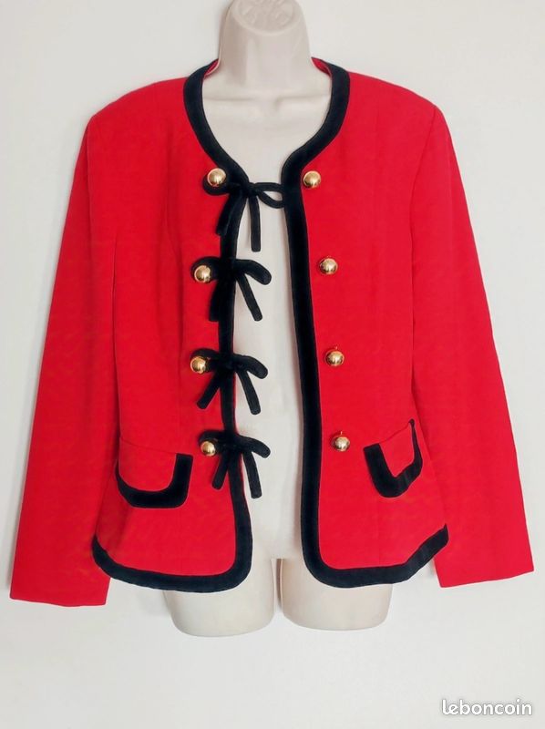 Ensemble Tailleur Veste Jupe Moschino Cheap And Chic Rouge Noir Laine Velours – Vintage Années 60 Taille M