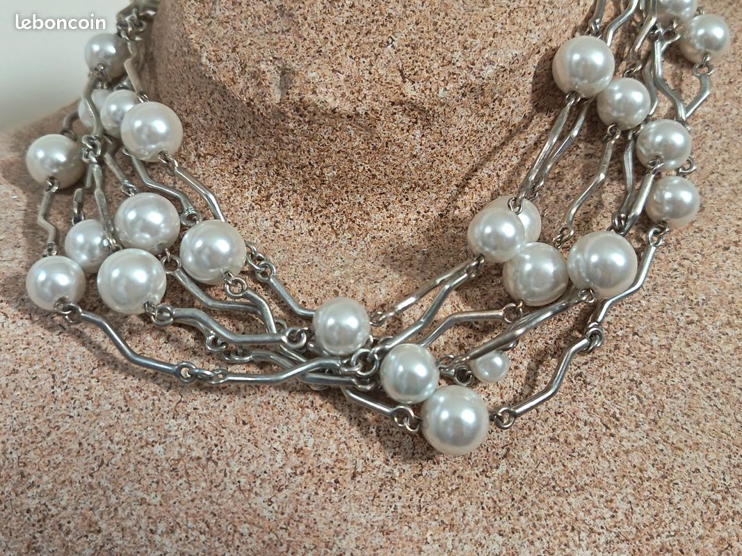 Collier Biche De Bere - 6 Rangs, Argenté & Perles, Modulable, Signé, Bijou Occasion
