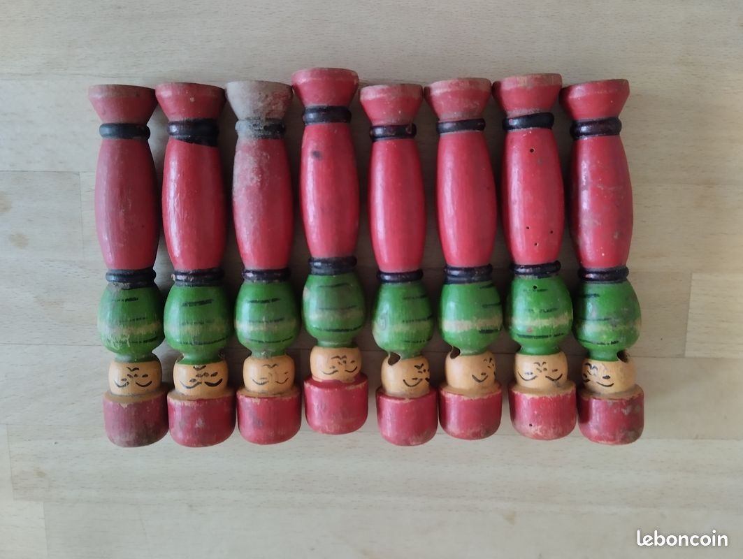 JOUET ANCIEN, JEU de QUILLES MINIATURES en BOIS PEINT vers 1900
