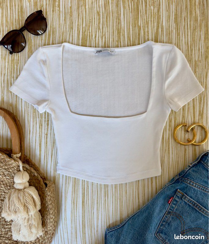 Crop top Zara blanc femme taille S – décolleté carré – quasi neuf (image 1)