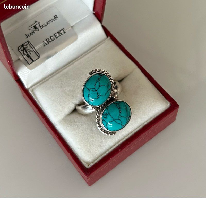 Bague Ancienne En Argent Massif 925 Avec Turquoise Bleue - Taille 53/54, Occasion