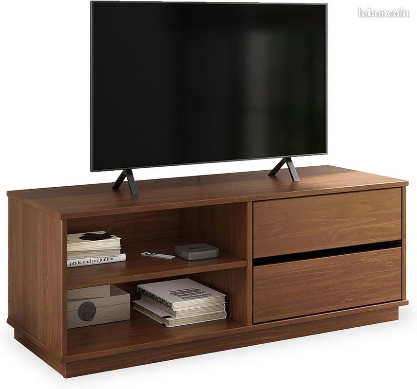 Meuble TV en Pin Massif Châtaignier – 110 cm – 2 Tiroirs & 2 Niches – Design Naturel & Robuste pour Écran jusqu'à 47 Pouces (image 1)