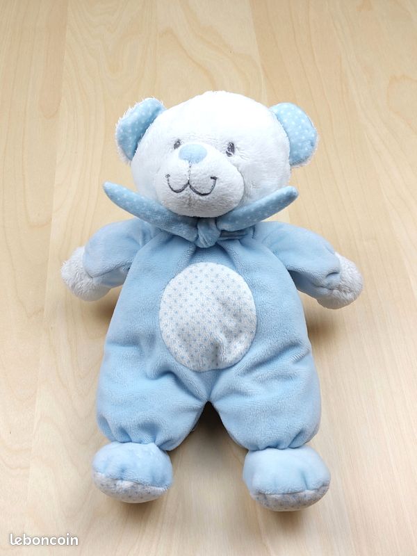 Doudou peluche ours bleu blanc TEX BABY Carrefour pois écharpe 26