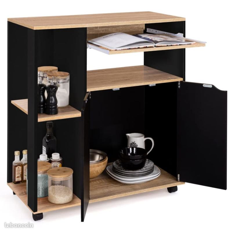 Meuble Desserte Rangement Cuisine Ilot Central Design Industriel Bois Noir (image 3)