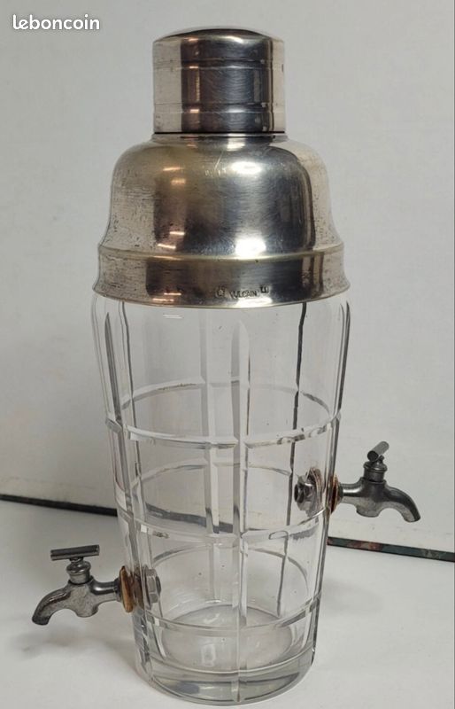 Ancien Shaker à Cocktail En Verre Et Argent - Vintage Avec Verres Inclus