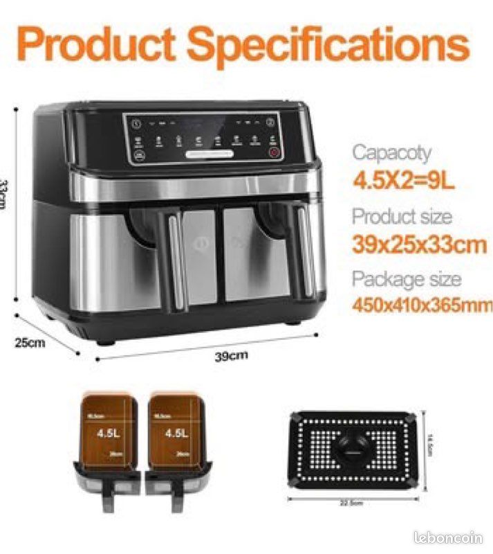 Friteuse Sans Huile Double Compartiment 10L OQCSUAT – 2600W, 8 Programmes, Sync Cook & Smart Finish – Cuisson Saine & Rapide