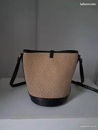 Sac à main noir et beige tressé avec bandoulière, fond rond NEUF 10 (image 2)