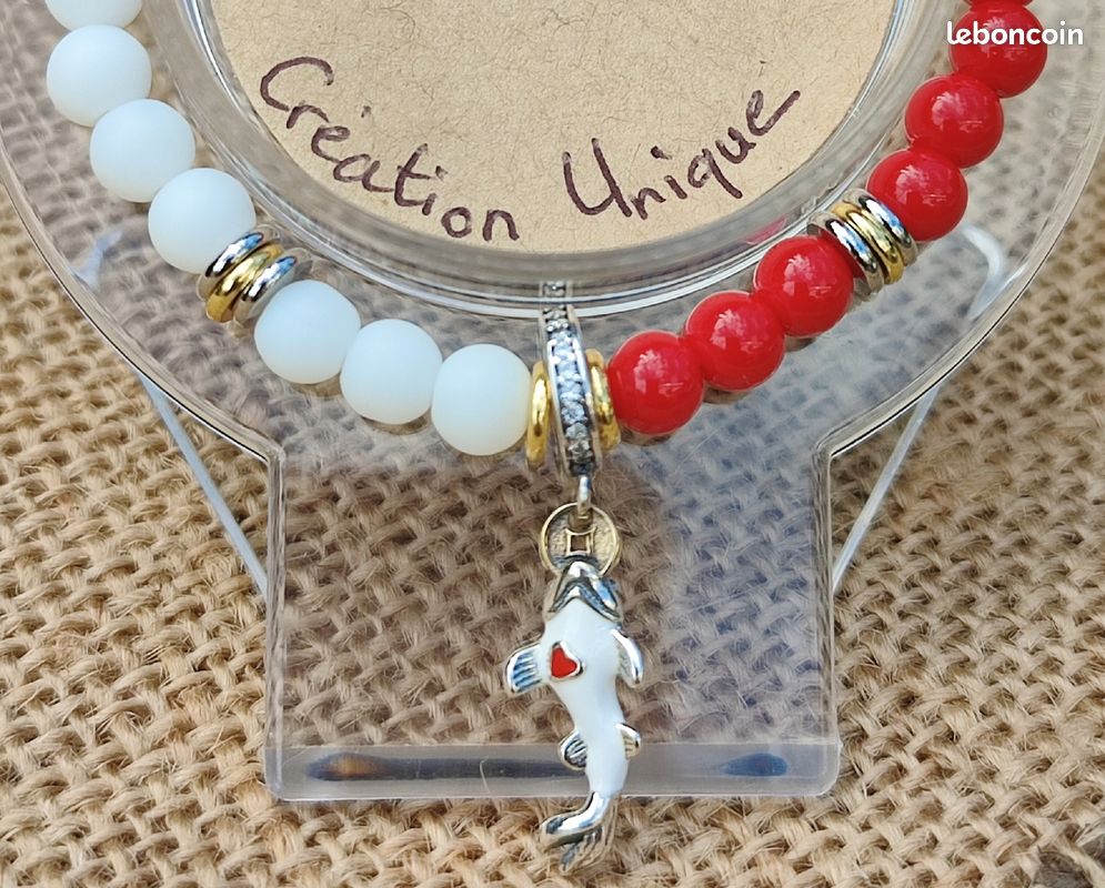 Bracelet JADE ROUGE/AGATE BLANCHE MATE - Carpe Koï - Pierres Naturelles et Breloque S925 (image 8)