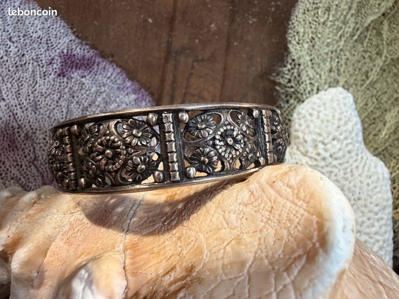 Bracelet Ethnique Ancien En Argent Massif 925 - Style Jonc Art Déco Avec émaux
