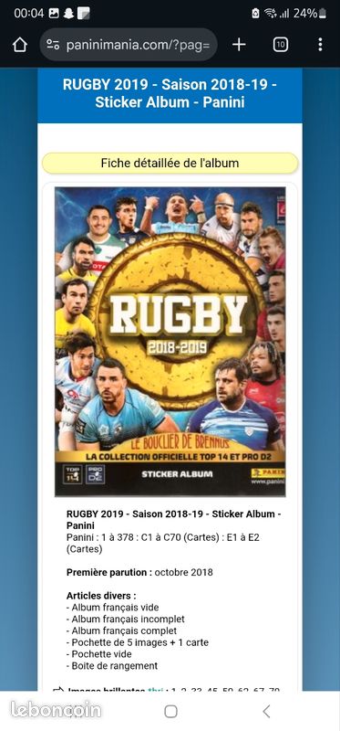 RUGBY 2019 - Saison 2018-19 - Sticker Album - Panini (image 1)
