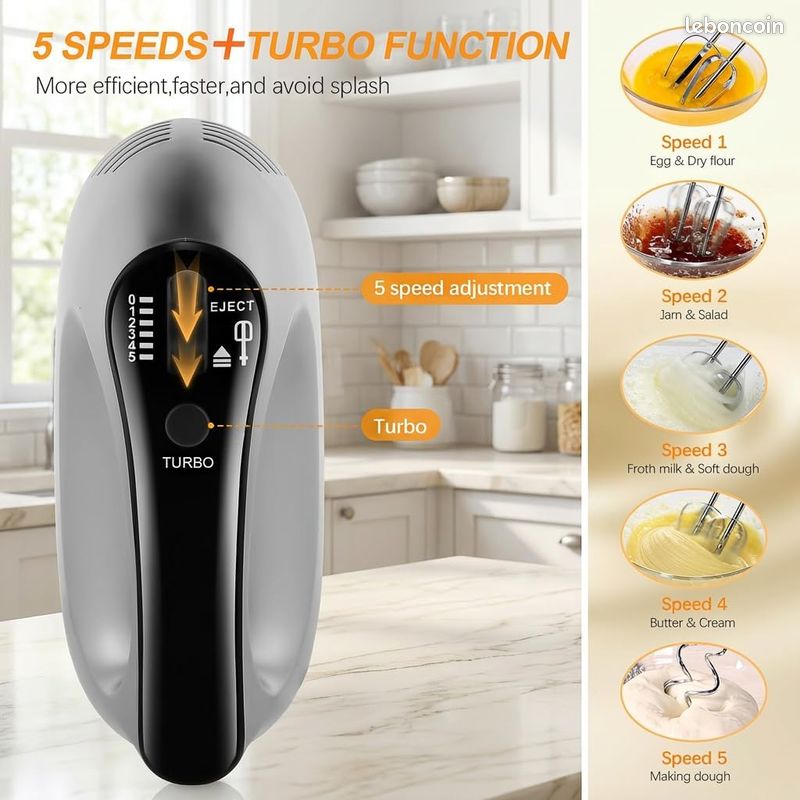 Batteur Électrique Cuisine 260W 7 Vitesses - 5 Accessoires - Fouet Pour Crème, Gâteaux, Confitures - Léger Et Ergonomique