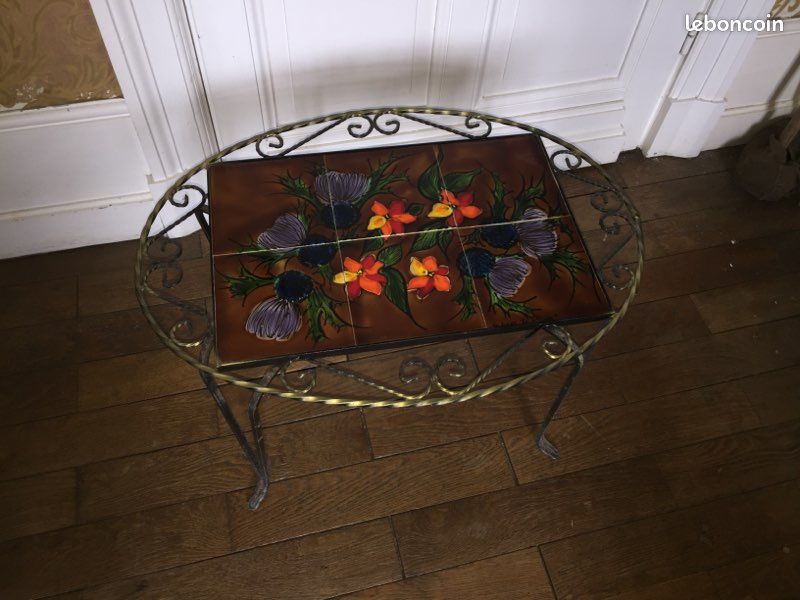 Table basse salon Vallauris signée La Grange Fer Forgé et faïence céramique ancien rétro vintage (image 2)