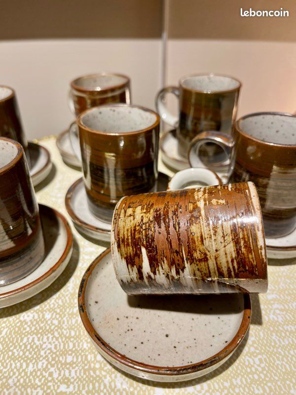 Service à Café Vintage En Grès – 4 Tasses, Motif Fleur, Made In France