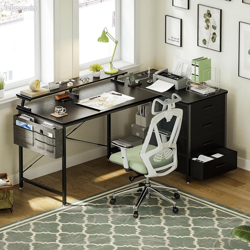 ISunirm Bureau En L Avec Clapier, Bureau Gaming Avec éclairage LED, Bureau D 'ordinateur Réversible Avec Prise De Courant, Bureau D'angle Avec Tiroir Classeur Et Support D'écran, Blanc