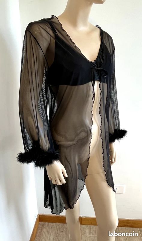Kimono T40/42 peignoir voile noir transparent Orcanta poignets à plumes 607/ (image 2)