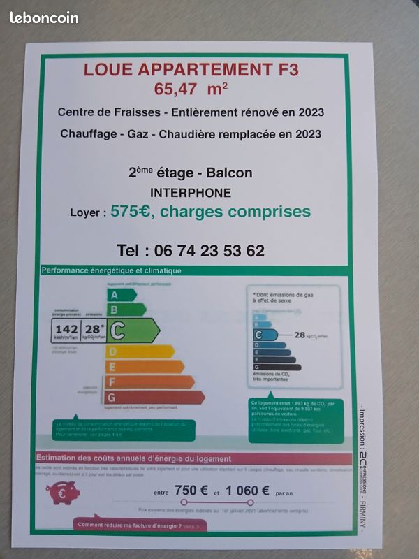 Appartement 4 pièces 65 m² · à Fraisses · 65 m² · 575 €/mois